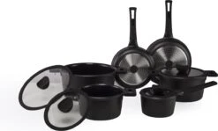 The White Series - Keramische Pannenset Met Glazen Deksels - Inclusief Set Vershoudbakjes - Zwart