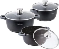 Cheffinger Pannenset 6-delig - Inductie - Met Deksels - Zwart - Koudgrepen - Ø20, 24 & 28 Cm